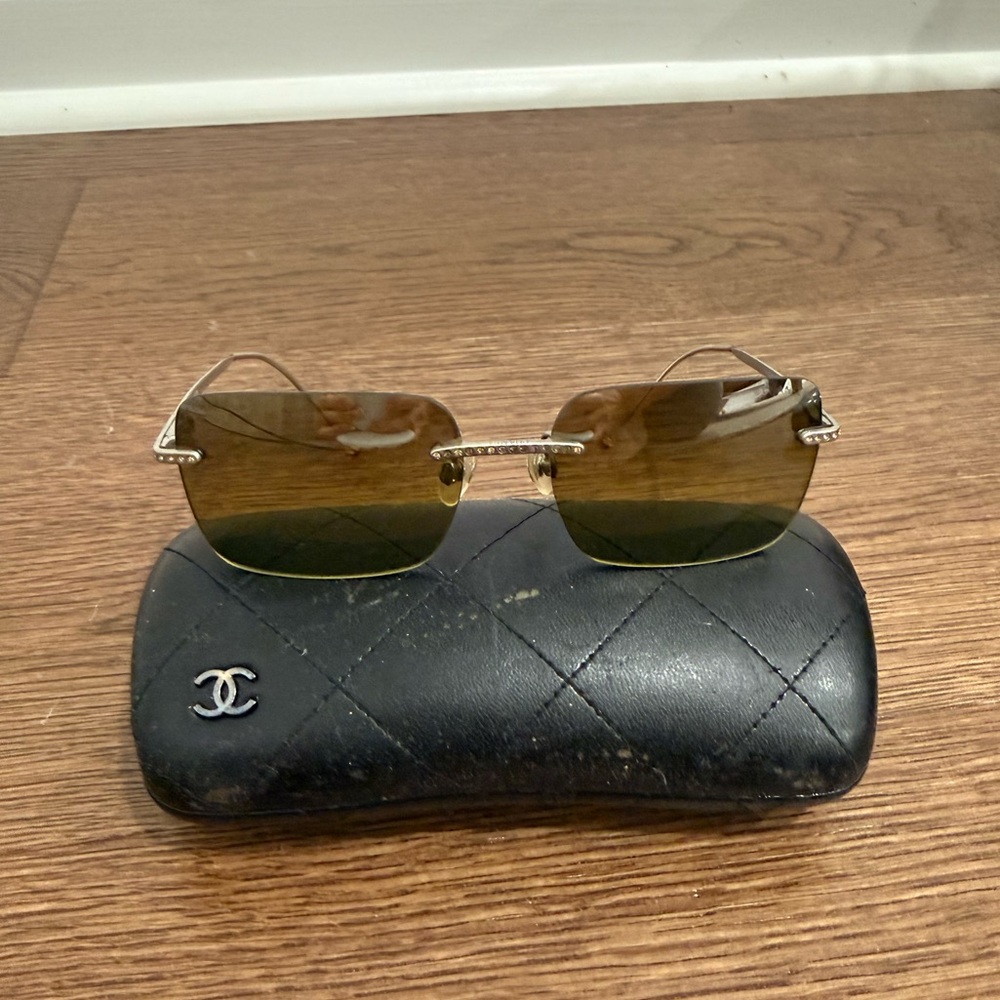 CHANEL Rimless Sunglasses Brown Lenses with Gold Trim